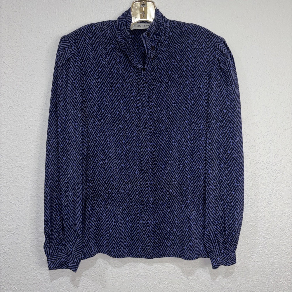 Ciao Sport  Vintage 100%Silk Blouse Sz 6 W/ Shoulder‎ Pads Purple Zigzag